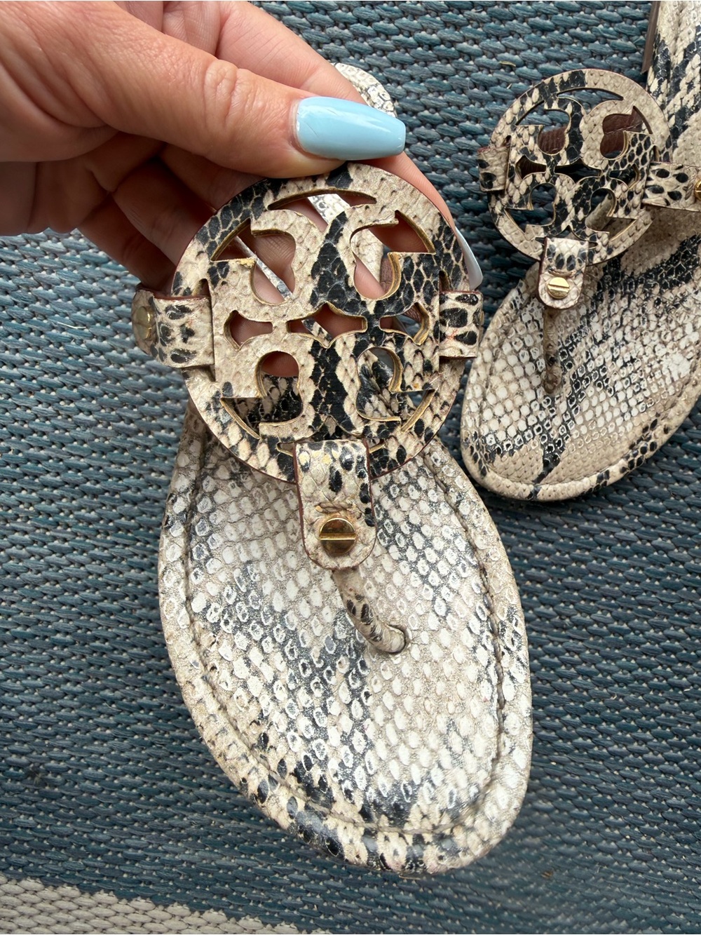 Tory Burch Snake-Print Logo Thong Sandals in Beige and Black